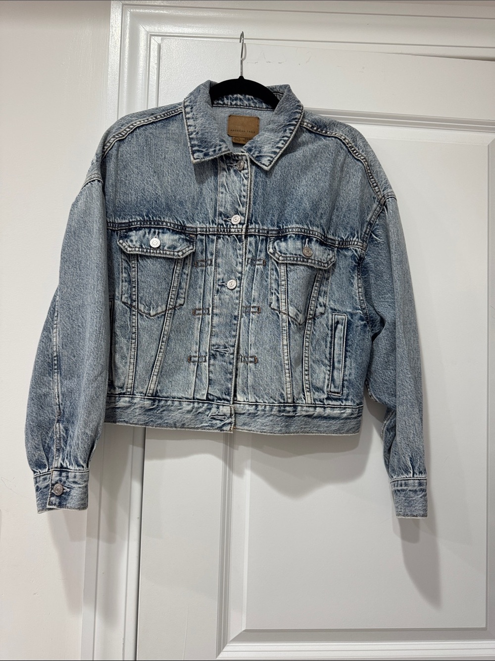 American Eagle Cropped Stone  Wash Distressed Denim Jacket - Women size Medium